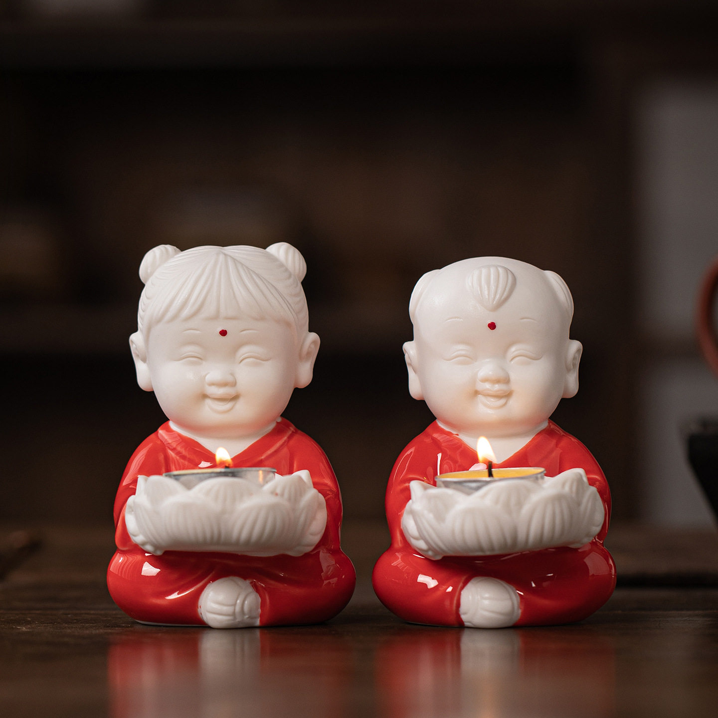 陶瓷金童玉女摆件莲花烛台男孩女孩善财童子龙女紫砂佛像家用供奉