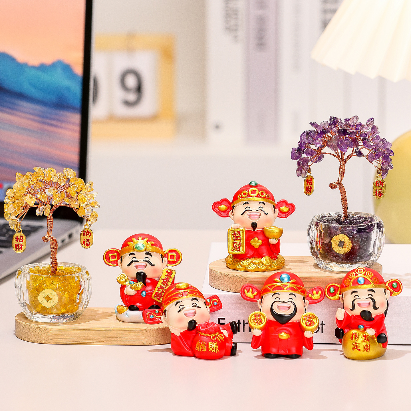 财神爷桌面小摆件黄水晶发财树办公工位玄学客厅玄关好运装饰礼物