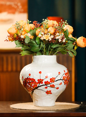 新中式白色陶瓷花瓶台面纯手工客厅民宿玄关插花装饰品手绘梅花