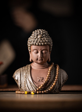 陶瓷佛头佛首禅意家居玄关摆件创意鱼缸造景紫砂如来半身佛像装饰