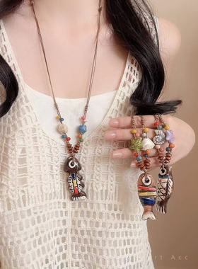 新中式可爱陶瓷小鱼吊坠项链