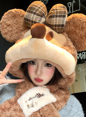米妮米奇毛绒帽子围巾一体女冬季加绒加厚保暖防寒可爱显脸小护耳