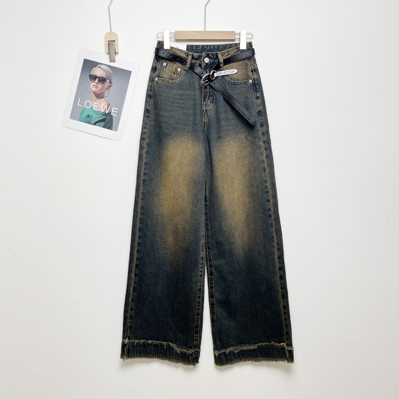 A.US复古色牛仔裤女G1052B阔腿裤