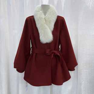 气质绑带狐狸毛领外套 新款 高级感灯笼袖 双面羊毛呢大衣女2025冬季