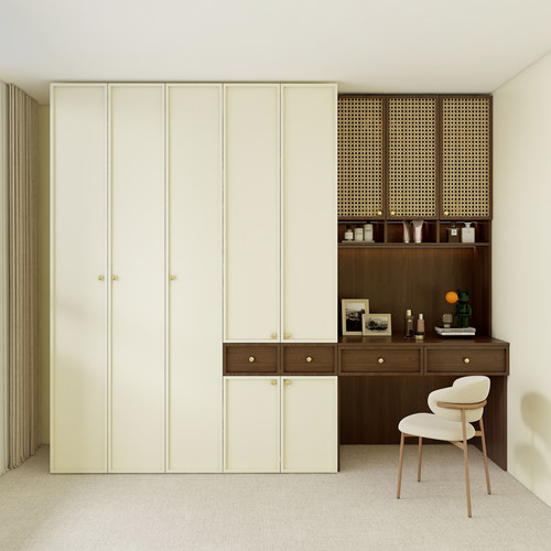 高端法式奶油中古风衣柜骨骼线藤编门一门到顶实木大衣柜全屋定制