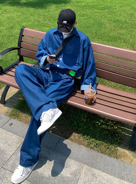 春装港风潮流牛仔连体裤男士痞帅连体衣学生休闲百搭宽松两件套装