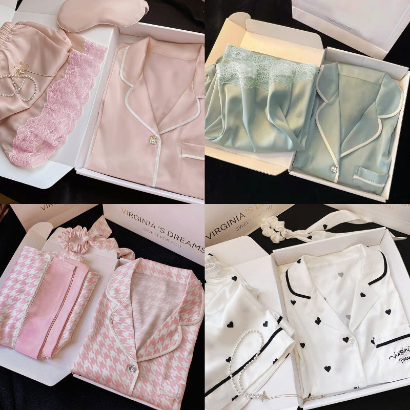 睡衣女短袖翻领开衫性感蕾丝花边简约家居服套装