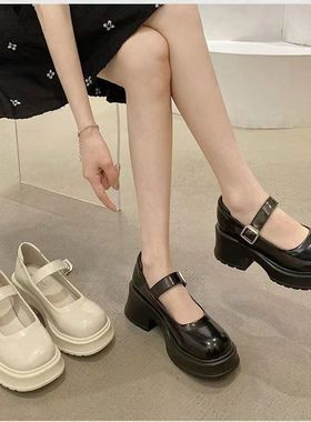 白色玛丽珍小皮鞋女凉鞋粗跟厚底2025年春夏季新款配裙子高跟单鞋