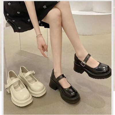 白色玛丽珍小皮鞋女凉鞋粗跟厚底2025年春夏季新款配裙子高跟单鞋