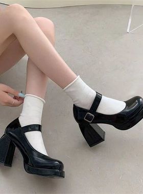 防水台粗跟单鞋百搭黑色气质小皮鞋高跟鞋女法式一字扣带玛丽珍鞋