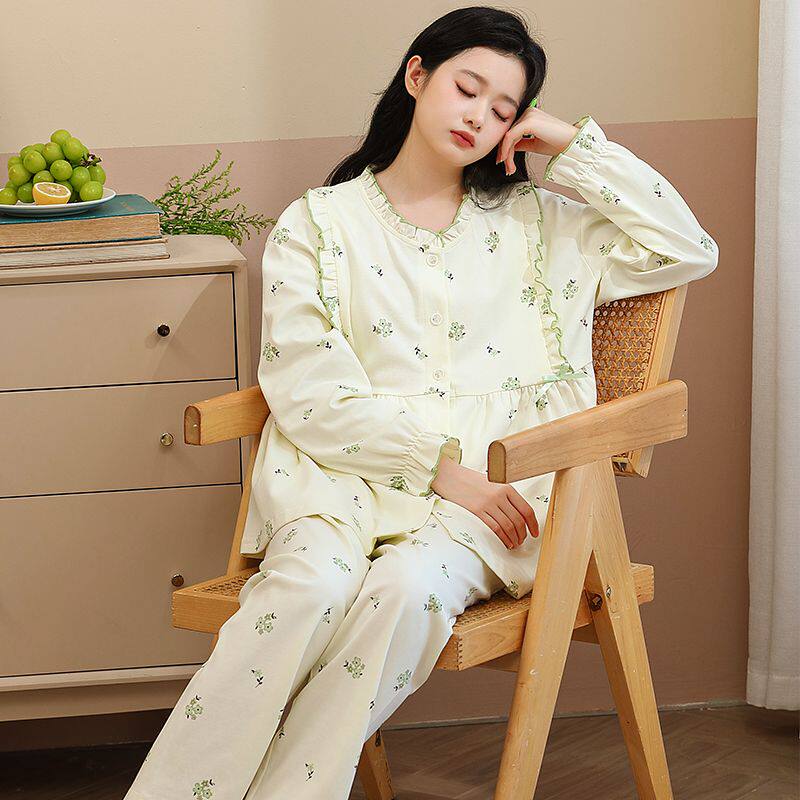 纯棉长袖月子服春秋荷叶边设计感孕妇哺乳服孕期产后可调节套装