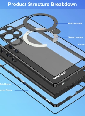 适用IP14手机壳全包玻璃三星s23u支架万磁王金属磁吸无线充可折叠