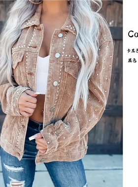 2024年欧美跨境早秋新款 休闲时尚灯芯绒铆钉长袖夹克外套22273