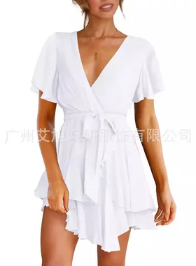 亚马逊2023跨境外贸 荷叶边连衣裙夏季新款V领短裙性感连衣裙女