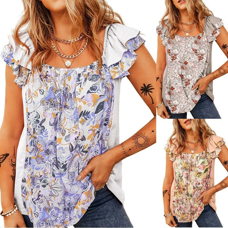 2025春夏欧美跨境外贸褶皱短袖波西米亚花卉印花背心T恤上衣