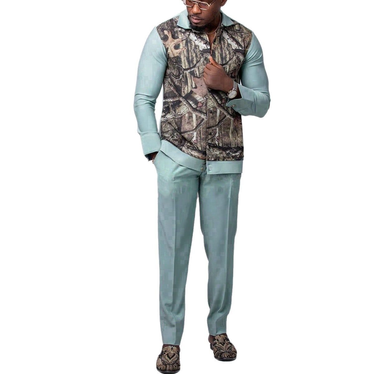 印度外贸非洲民族风男士印花拼接2件套西装套装时尚休闲男士套装