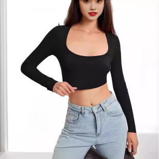 T恤基本款 跨境亚马逊新款 露脐上衣无缝方领时尚 性感长袖 女式