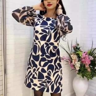 亚马逊跨境欧美女装2024新款圆领短裙时尚印花拼接雪纺长袖连衣裙