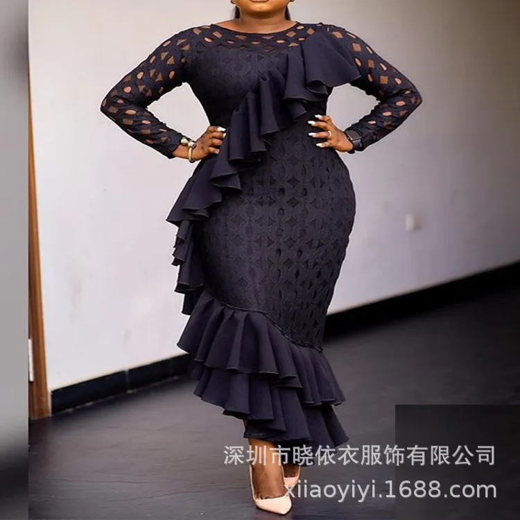 亚马逊速卖通跨境欧美高腰蕾丝款不规则气质通勤鱼尾连衣裙