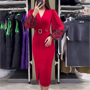 2024亚马逊Wish速卖通欧美女装V字领长袖印花修身腰带开叉连衣裙