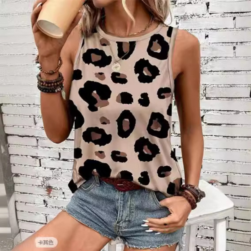 2024欧美新款豹纹印花圆领套头无