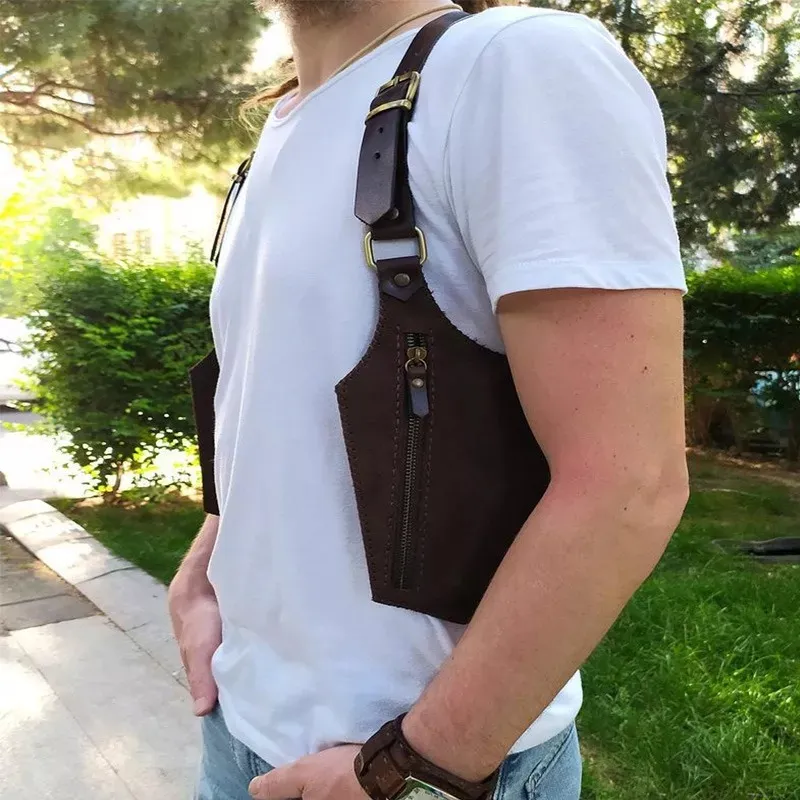 跨境wish复古皮革背带腋下挎包男士户外手机包可调节拉链小包钱包