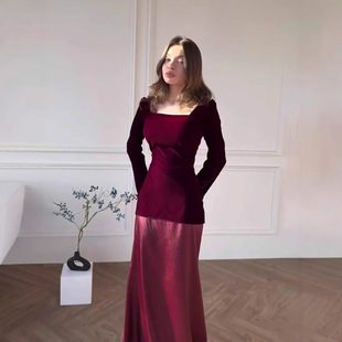 欧美亚马逊2024年跨境金丝绒缎面拼接修身性感收腰长款淑女连衣裙