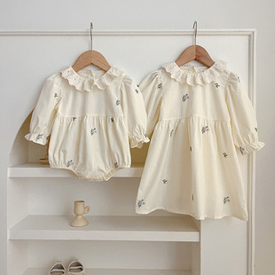 1218 包屁衣连体衣蕾丝领绣花女童连衣裙姐妹装 衣服春新款 女宝长袖