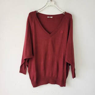 日单春秋季极简风V领蝙蝠式针织衫女酒红色宽松百搭显瘦上衣毛衣