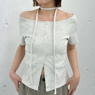 T恤宽松上衣单排扣女 日单2025新款 夏季 辣妹短款 棉质百搭显瘦短袖