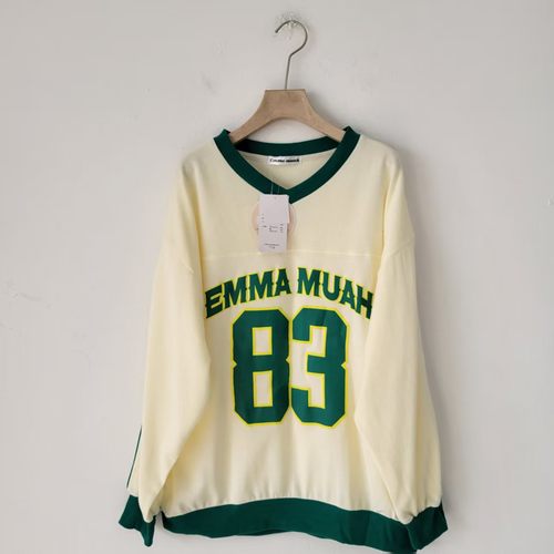 日单春秋季美式复古风V领数字印花长袖卫衣女宽松套头上衣学院风