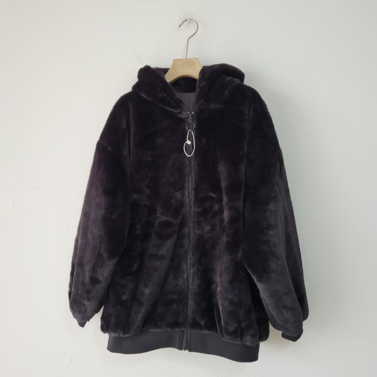 5款日单秋冬季复古中性风连帽仿皮草外套女宽松加厚保暖大衣黑色