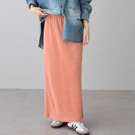 8800日元秋冬季灯芯绒半身裙女纯棉高腰直筒a字长裙开叉一步裙女