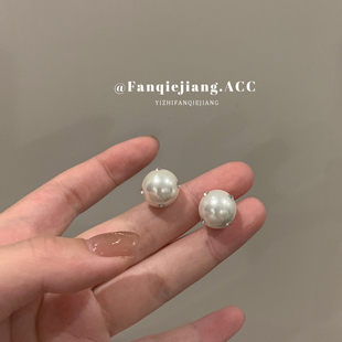 一只番茄酱正圆珍珠纯银耳钉复古港风锆石小灯泡耳环