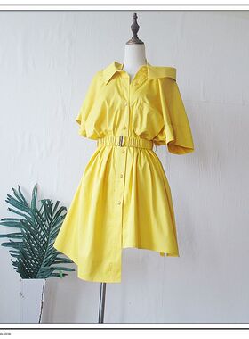 2020夏原创设计结构解构主义假两件不规则收腰短袖衬衫裙女连衣裙