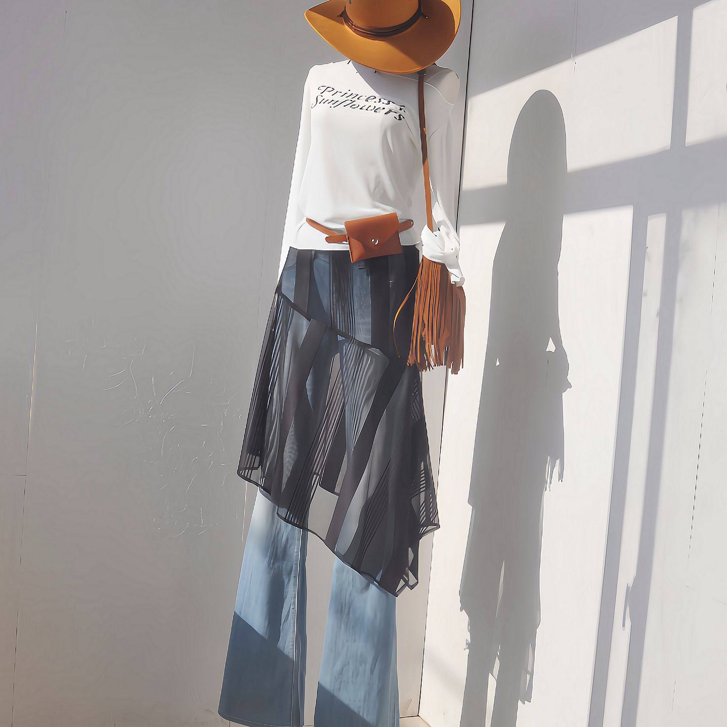 原创黑色竖条纹蕾丝屁帘半身裙不规则松紧腰罩裙鱼尾裙摆中长款