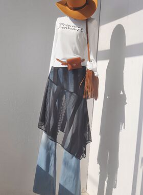 原创黑色竖条纹蕾丝屁帘半身裙不规则松紧腰罩裙鱼尾裙摆中长款