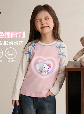 HelloKitty凯蒂猫女童春季长袖T恤2026蝴蝶结点缀插肩袖宽松上衣