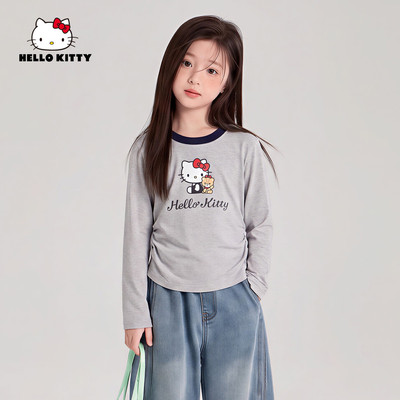 HelloKitty凯蒂猫女童秋季长袖T恤2026新款撞色圆领宽松套头上衣