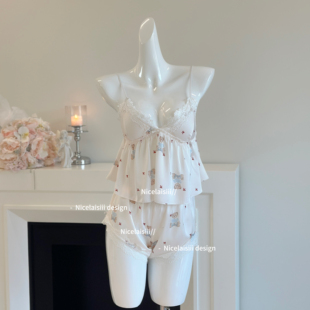 可爱法式 睡衣套装 家居服女 甜美缎面吊带短裤 Nicelaisiii小熊乐园