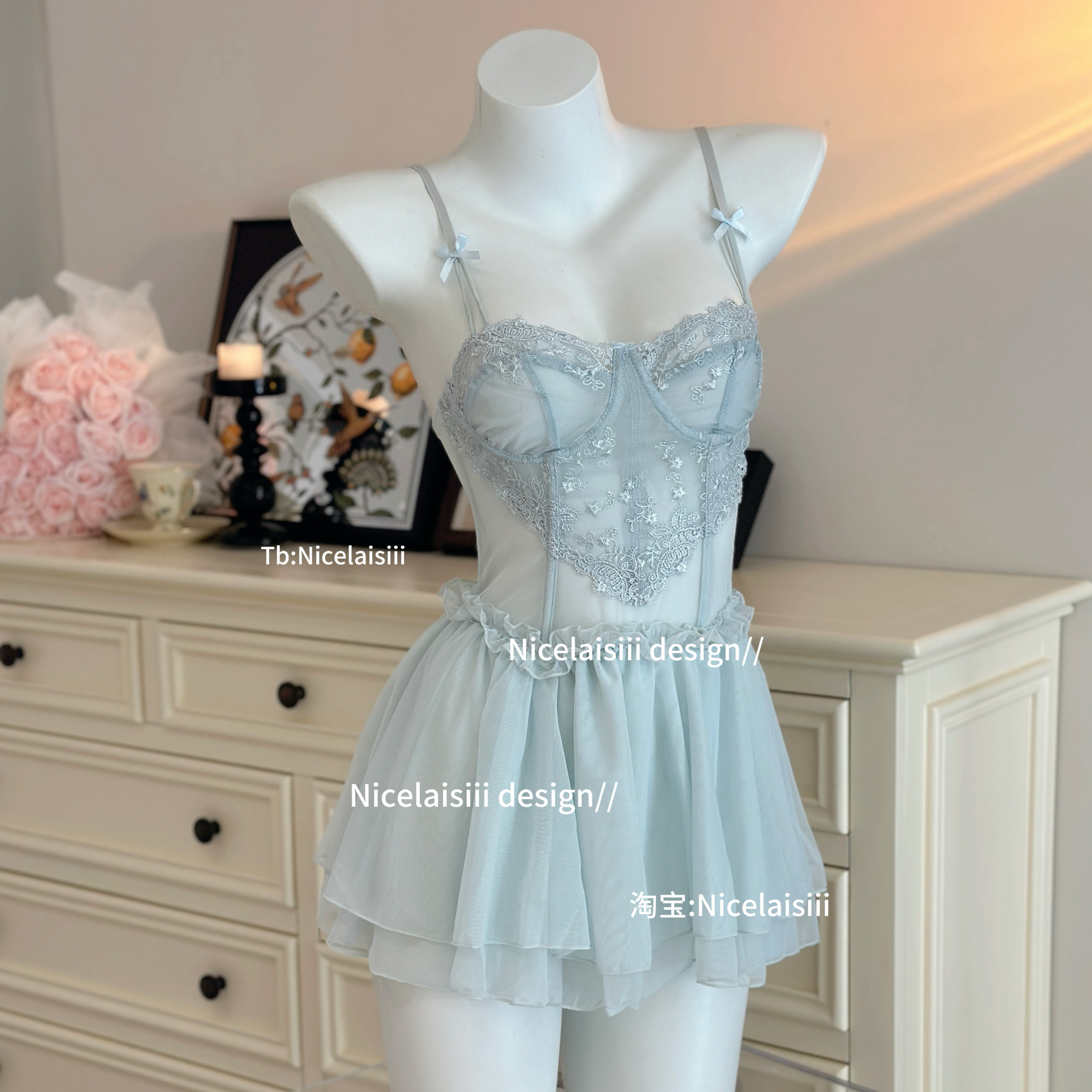 网纱蕾丝性感睡裙带钢圈纯欲睡衣