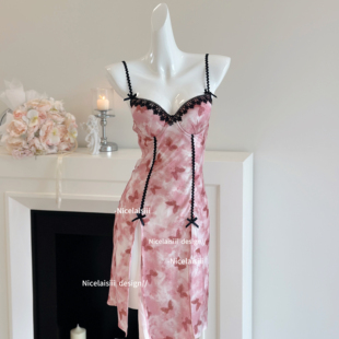 Nicelaisiii摇曳 纯欲风冰丝性感睡衣 带胸垫辣妹印花睡裙气质法式