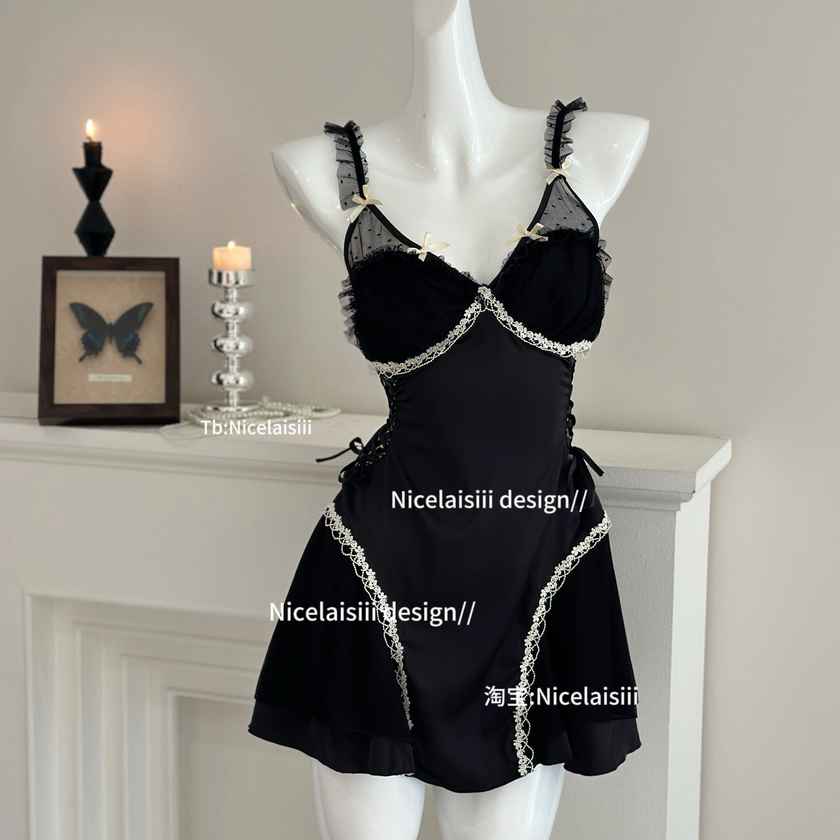 蕾丝缎面性感v领法式睡裙显瘦