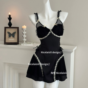 Nicelaisiii夜曲 睡裙纯欲性感缎面显瘦家居服睡衣 带胸垫蕾丝法式