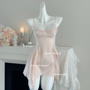 睡衣女 纯欲性感法式 Nicelaisiii清茶 甜美缎面带胸垫吊带睡裙新款