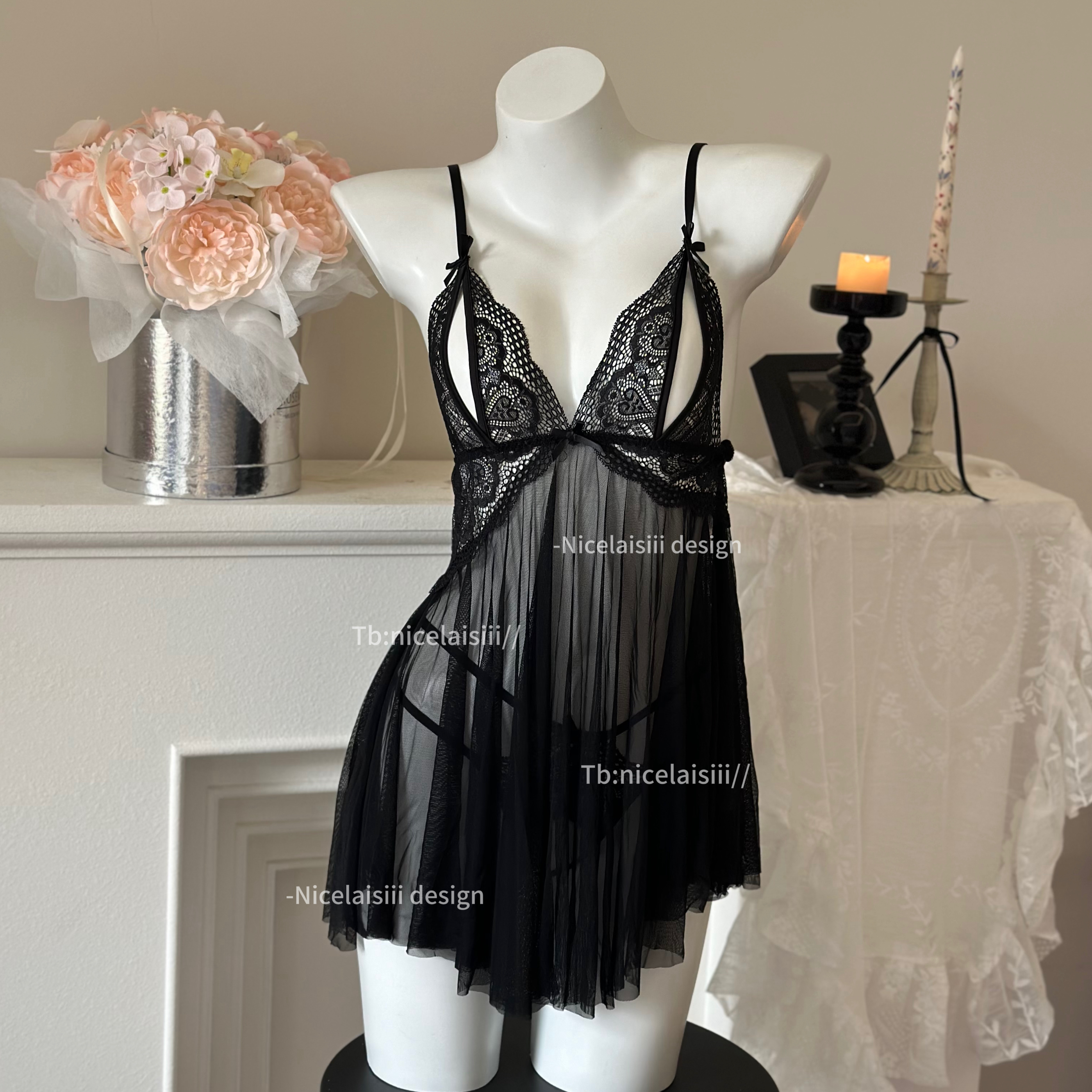 蕾丝网纱性感睡裙微透约会套装