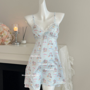 Nicelaisiii奶酪小猫 卡通印花甜美冰丝吊带睡裙纯欲缎面性感睡衣