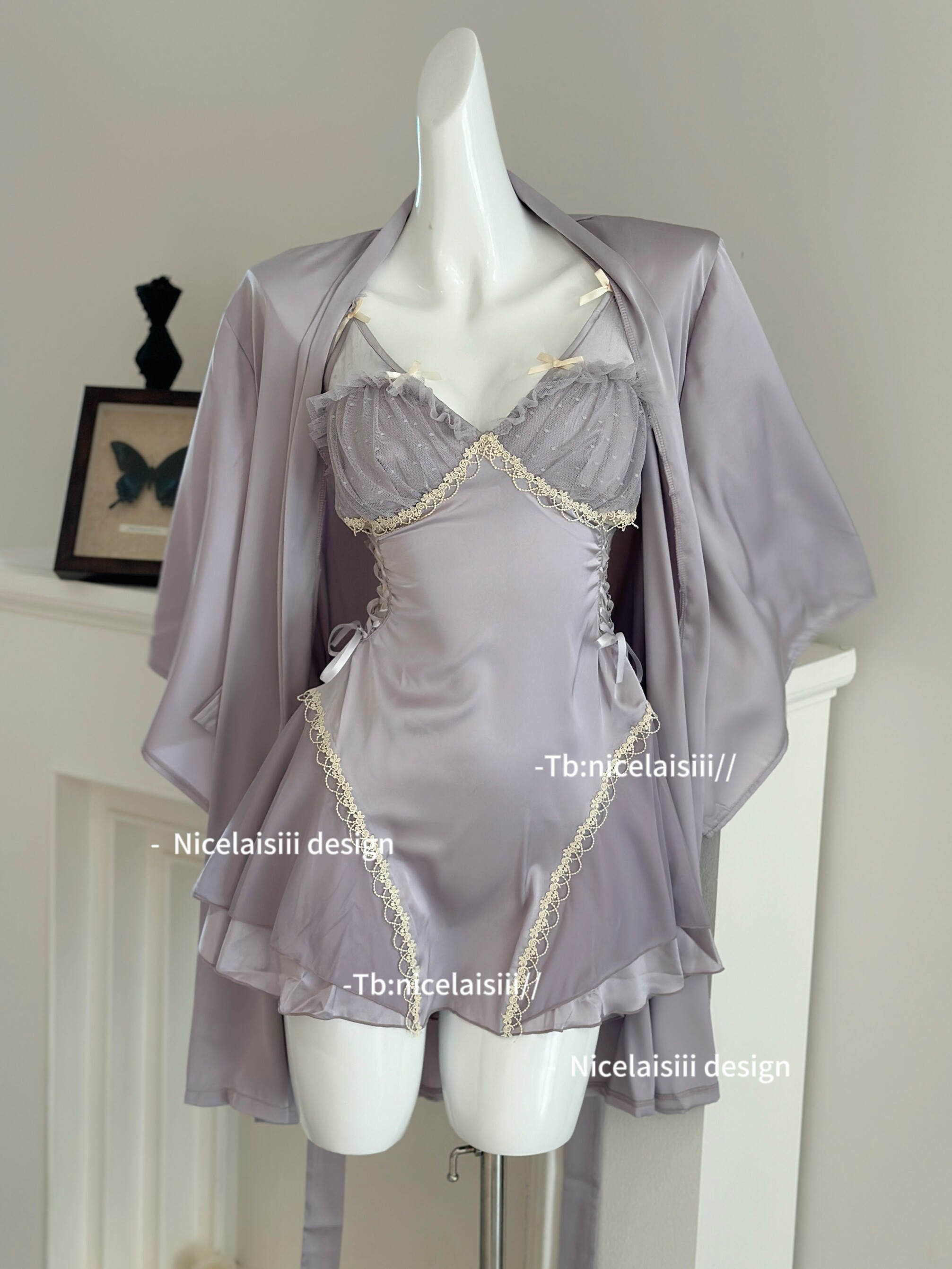 NICELAISIII 녹턴 레이스 유방 패드가있는 프랑스 잠옷 순수한 욕망 섹시한 새틴 슬림 홈 의류 잠옷