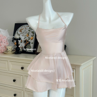 Nicelaisiii春桃 甜美冰丝缎面绑带少女睡裙纯欲性感绑带辣妹睡衣