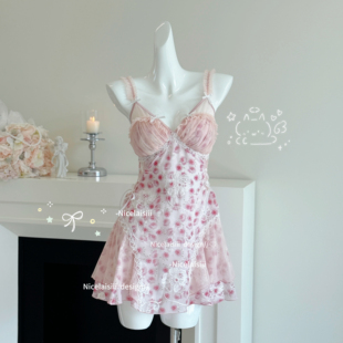 Nicelaisiii 性感睡衣女 纯欲风蕾丝刺绣吊带睡裙玫瑰印花甜美法式